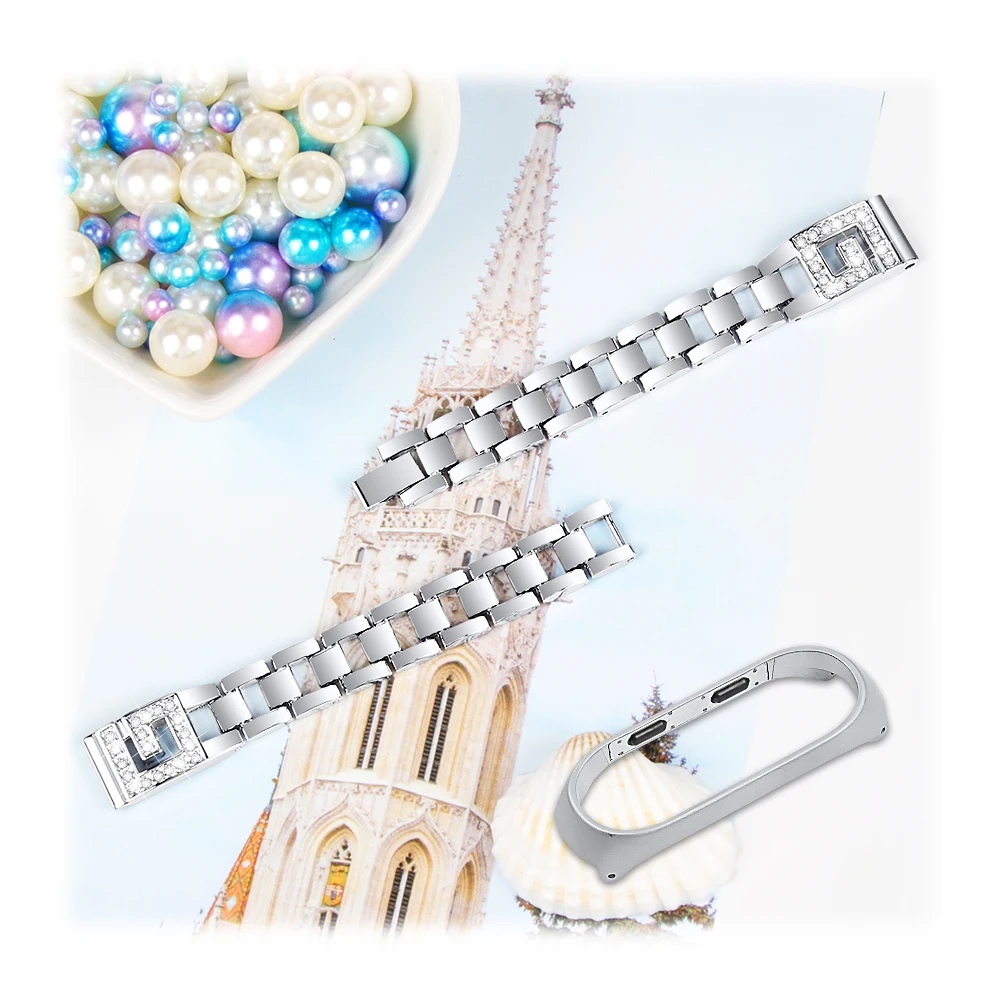 

Rhinestone Decor Stainless Steel Smart Bracelet Band for Xiaomi Mi Band 3/Band 4 - Silver