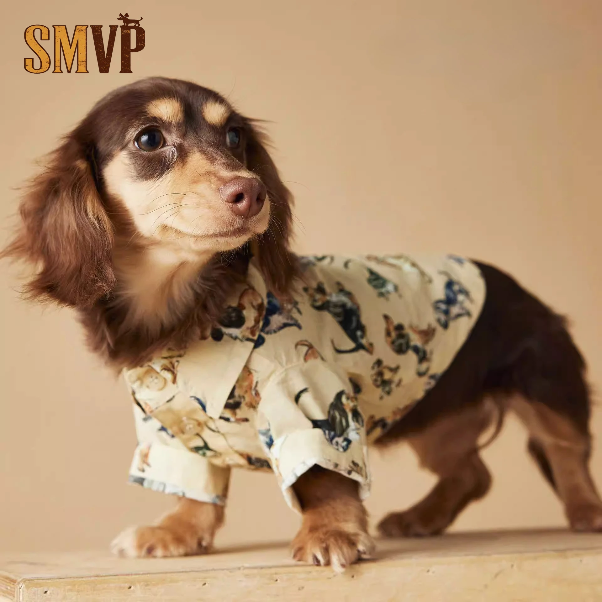 

Spring and Summer Thin Breathable Retro Dachshund Theme Printed Lapel Shirt Vacation Casual Style Pet Kitten Puppy Clothes