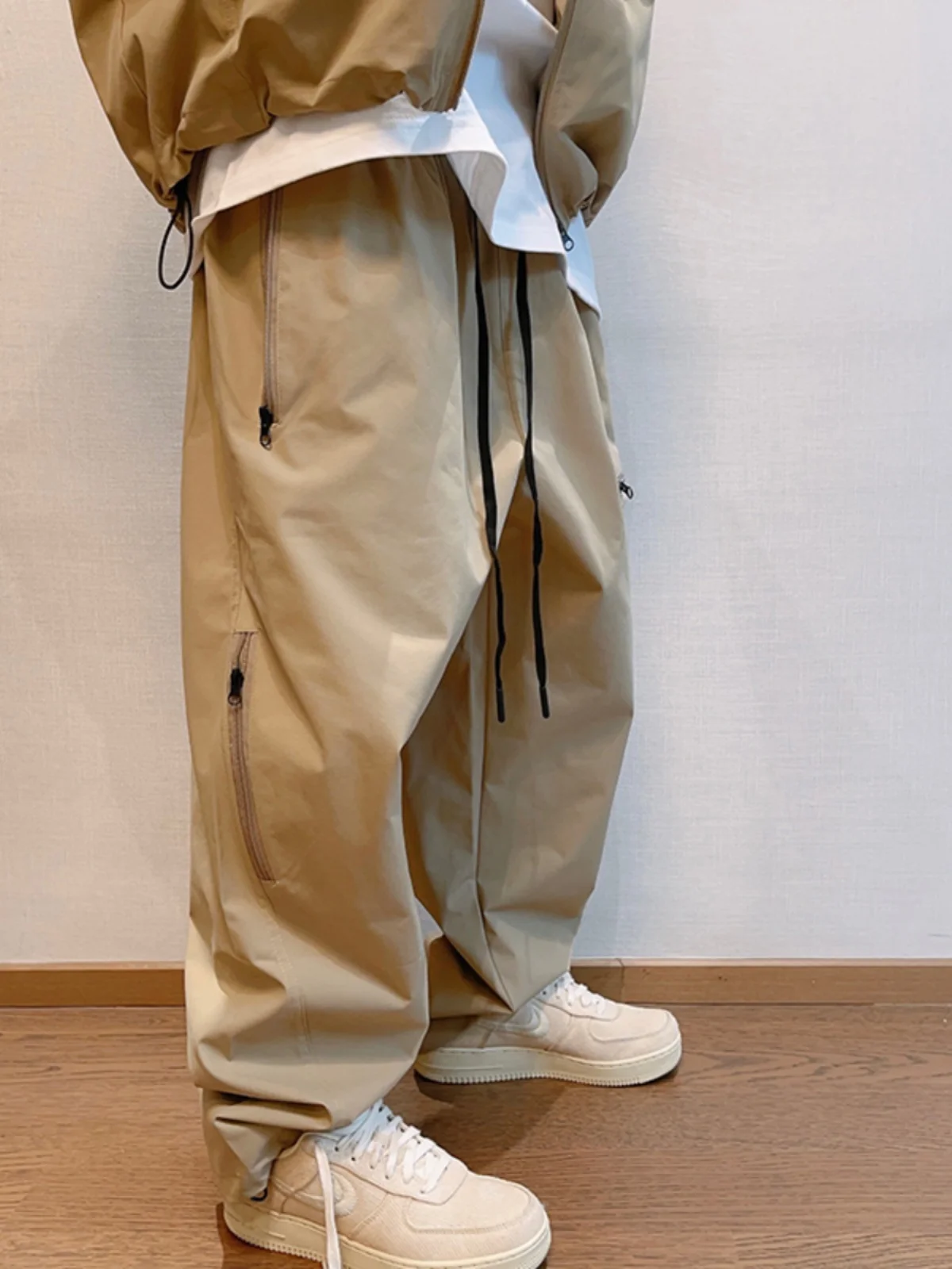 

Loose Straight Leg Casual Pants Men's Pure Color Zipper Decorated American Workwear Long Trousers Spring Autumn Street Sle