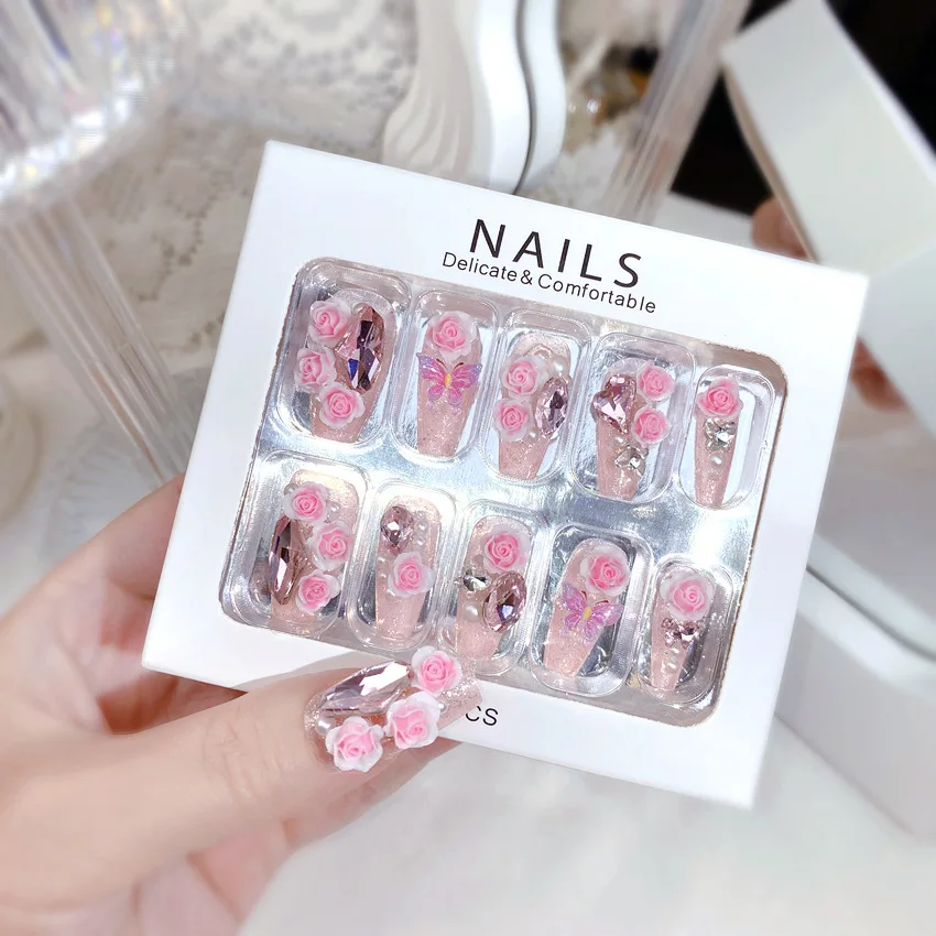 24pcs Gentle False Nails 3D Pink Flower Metal Bowknots Press On Nails Medium-lenghth Wearable Korean Style Fake Nail Tips Art