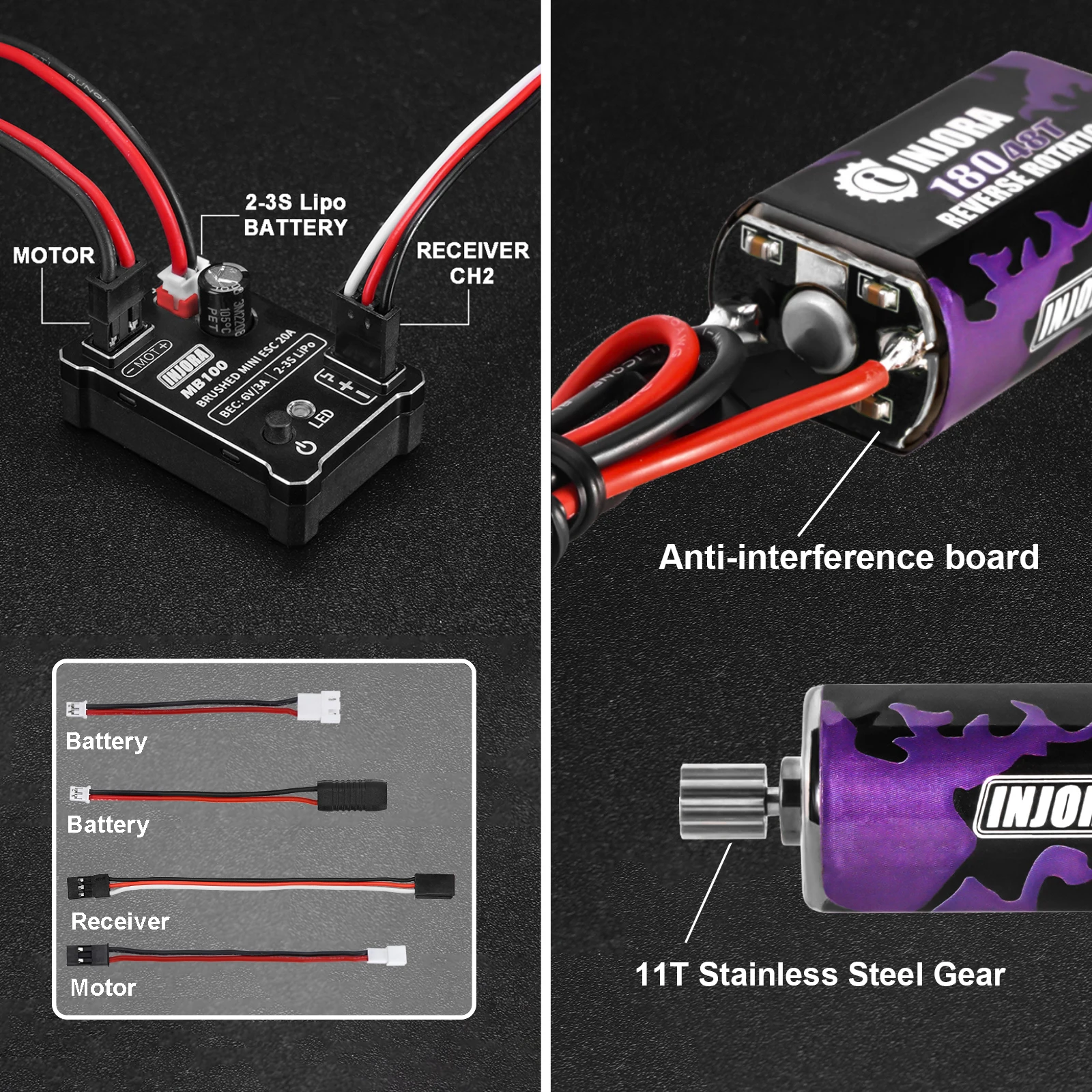 INJORA MB100 20A Brushed Mini ESC with 180 Motor 48T for 1/18 RC Crawler TRX4M Upgrade