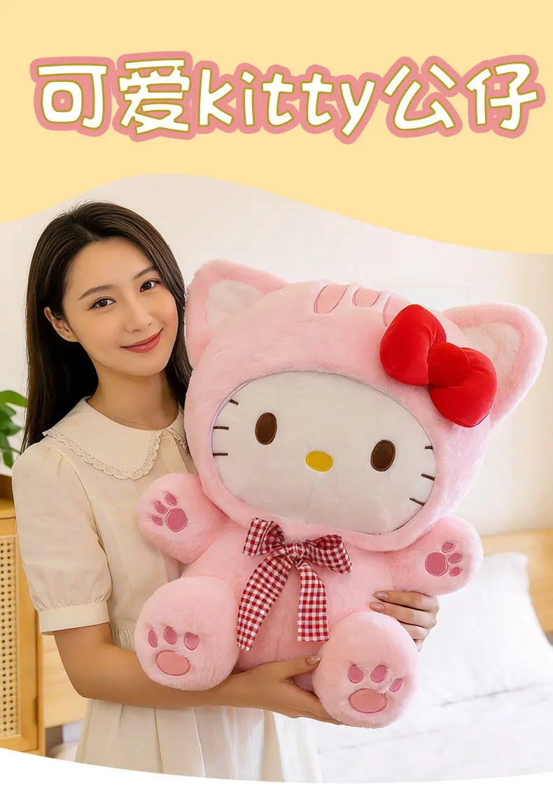 20/30/45/60CM Niedliche Graue Katze Hello Kitty Plüschpuppe mit Kariertem Schleifendesign KT Stofftier Weiches Kissen Heim- und Raumdekoration Geburtstagsgeschenk – Detail 1