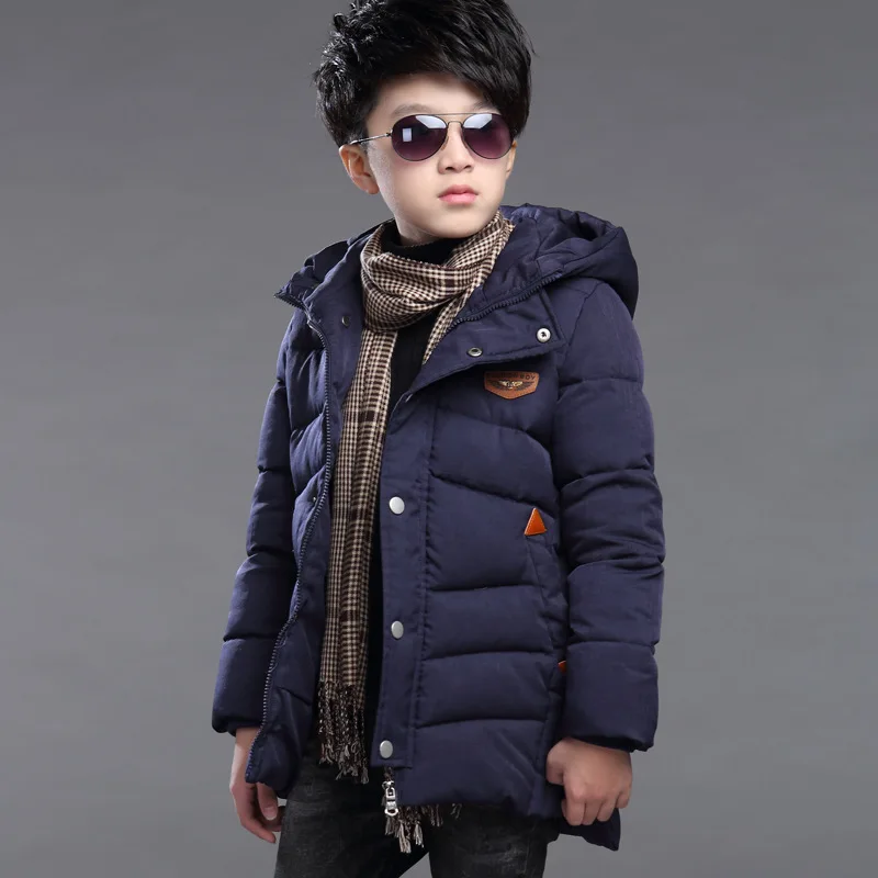 3-12 Years Teenager Thick Warm Winter Boys Jacket 2 Color Heavy Long Style Hooded Outerwear For Boy Children Windbreaker Coat