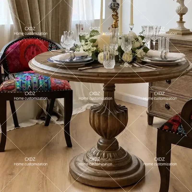 American retro style solid wood round table carved light luxury dining table living room household small round table small