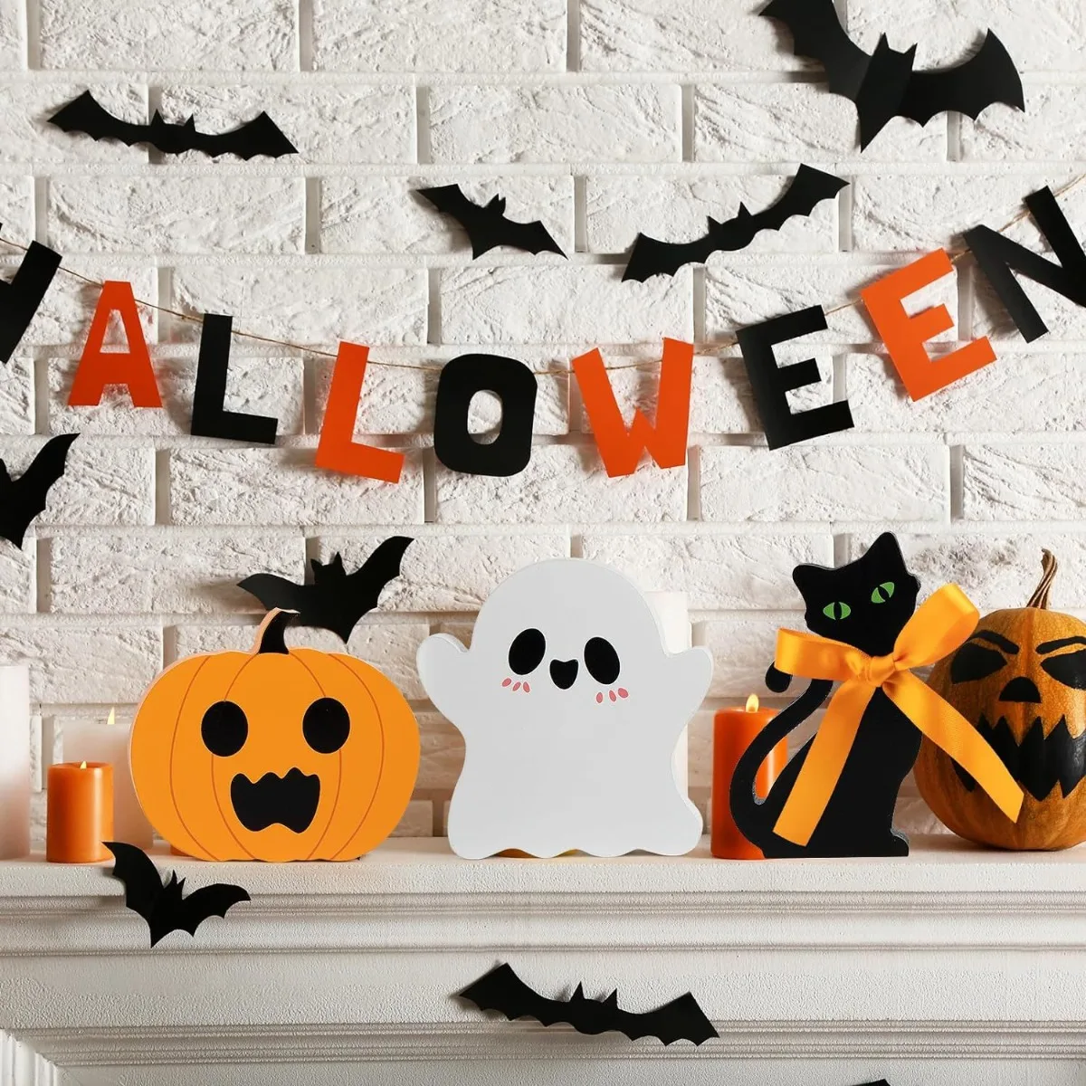 Wooden Ghost Pumpkin Cat Blocks Signs Cute Freestanding Table Signs for Rustic Farmhouse Home Mantle Halloween Decorations