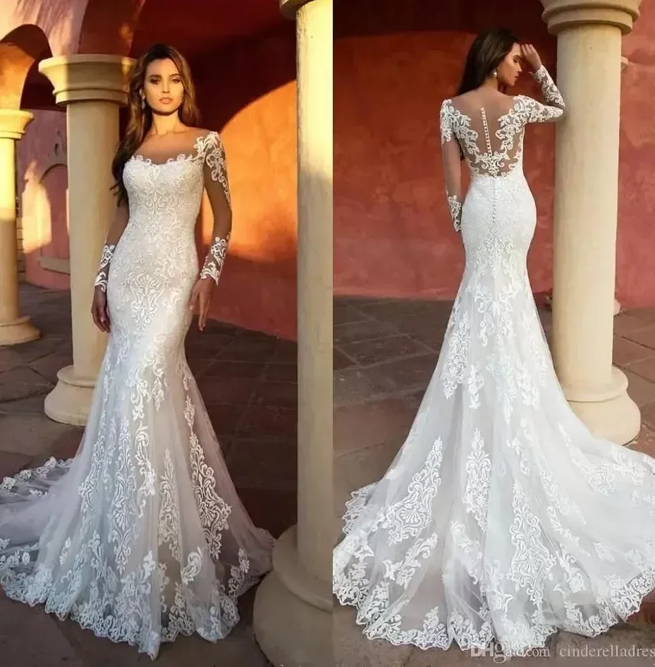

Customized 2025 Modern Mermaid Wedding Dresses 3D Appliqued Lace Sheer Neck Long Sleeve Bridal Gowns Illusion Wedding Dress