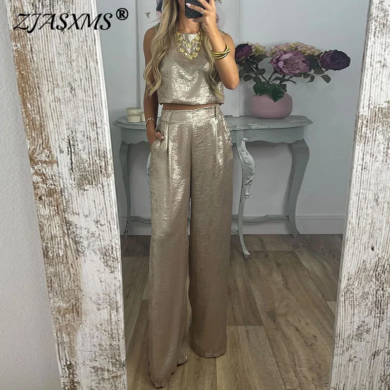 Spring Gold Bronzing Elegant Women's Sets Sexy O Neck Vest Top and High-waisted Pant Suits Summer Sleeveless Hollow Outfits 2pcs