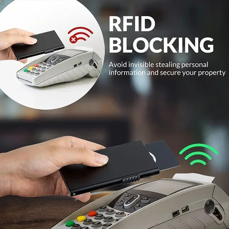 กระเป๋าสตางค์ป้องกัน RFID สำหรับผู้ชาย - กล่องใส่บัตร/บัตรธนาคารแบบป๊อปอัพอัจฉริยะ ทำจากโลหะบางเฉียบ ดีไซน์มินิมอล