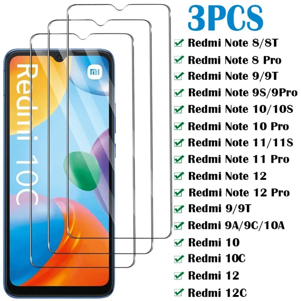 3Pcs Protective Glass for Xiaomi Redmi Note 8 9 10 11 12 Pro 9s 10s 11s Screen Protector Redmi 12C 13C 10C 10A 9A 9C 8A Glass