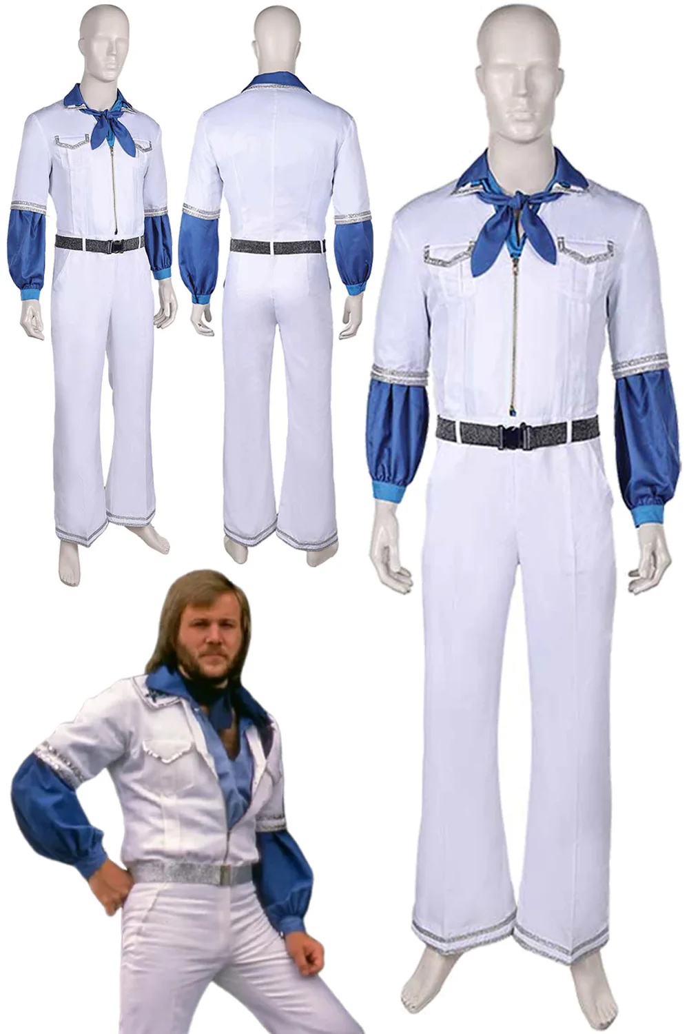 

Benny Anderson Retro Cosplay Men Costume 70s Band Roleplay Vintage White Jumpsuit Top Tie Set Outfits Men Halloween Party Suits