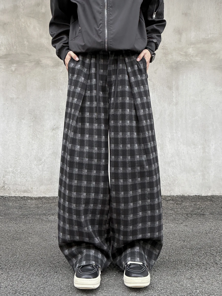 

Men's Plaid Wide Leg Casual Pants Autumn Winter American Loose Straight Tube Sports Trousers Lazy Sle Floor-Length Pants