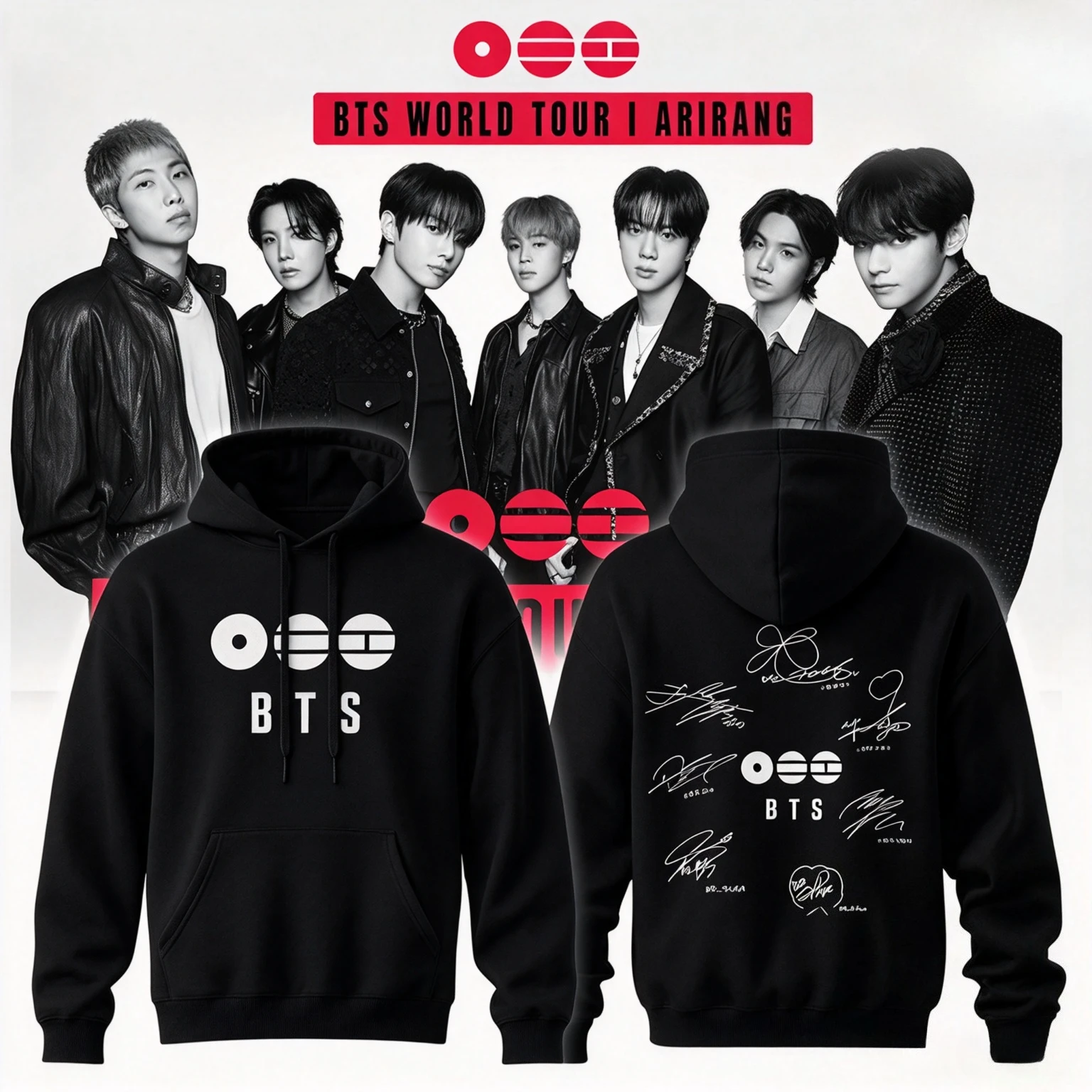 BTS World Tour Arirang 2026 Limited Edition Hoodie mit Mitglieder-Signaturen, Damen Herbst- und Winter-Print, Kpop-Fans Pullover-Sweatshirt