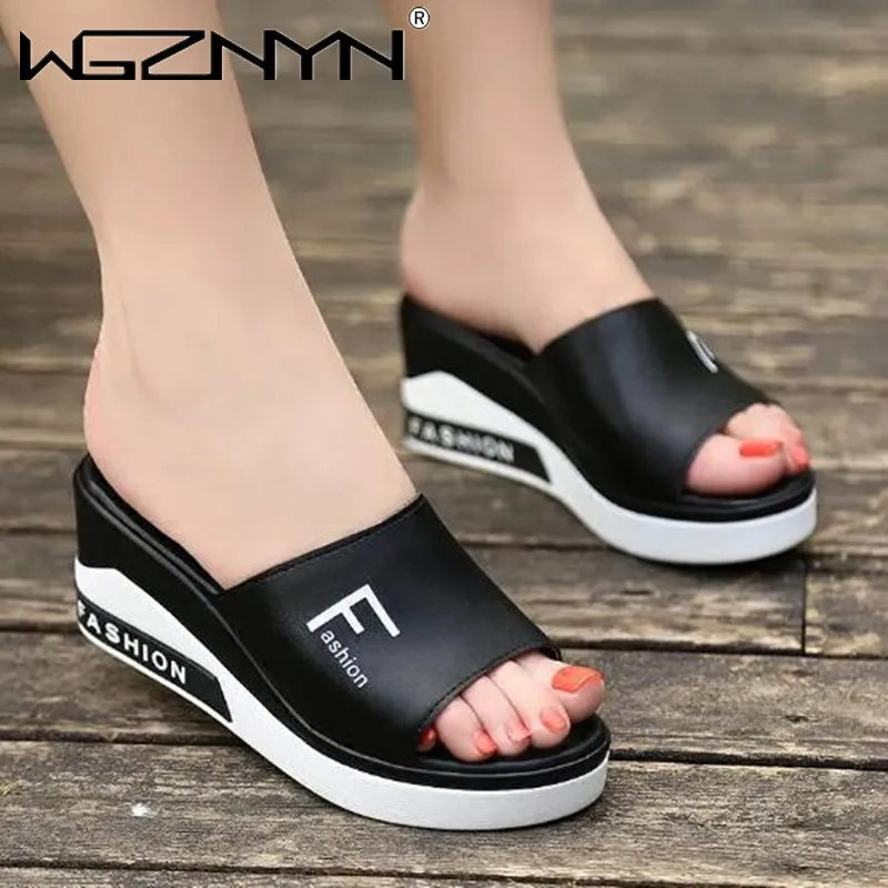 Pantofola da donna estiva zeppe in pelle Slip on Casual Beach Slides Platform scarpe da donna altezza crescente Chunky Zapatos De Mujer