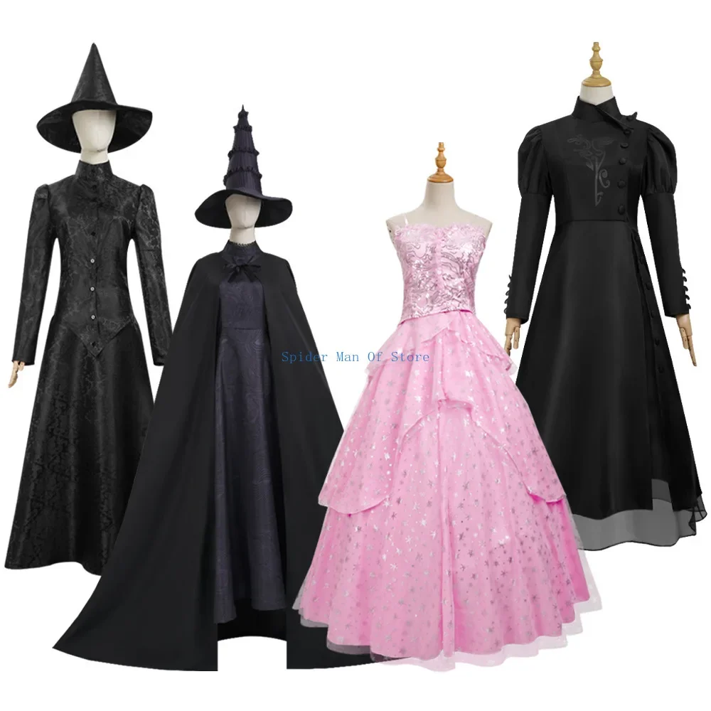 Wicked Glinda Elphaba Cosplay Costume Full Sets Pink Coat Black Uniform for Women Halloween Carnival Party Roleplay Outfit