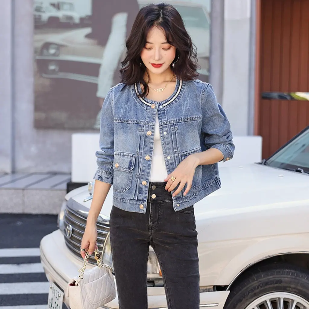 

Женская свободная утягивающая джинсовая куртка в стиле ретро с длинным рукавом, весенне-осенняя модная короткая верхняя одежда