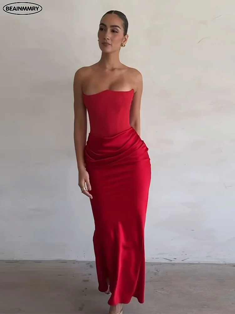 Red Satain High Waist Pleated Mermaid Long Dress Woman Elegant Strapless Sleeveless Bodycon Evening Dresses 2025 Lady Party Gown