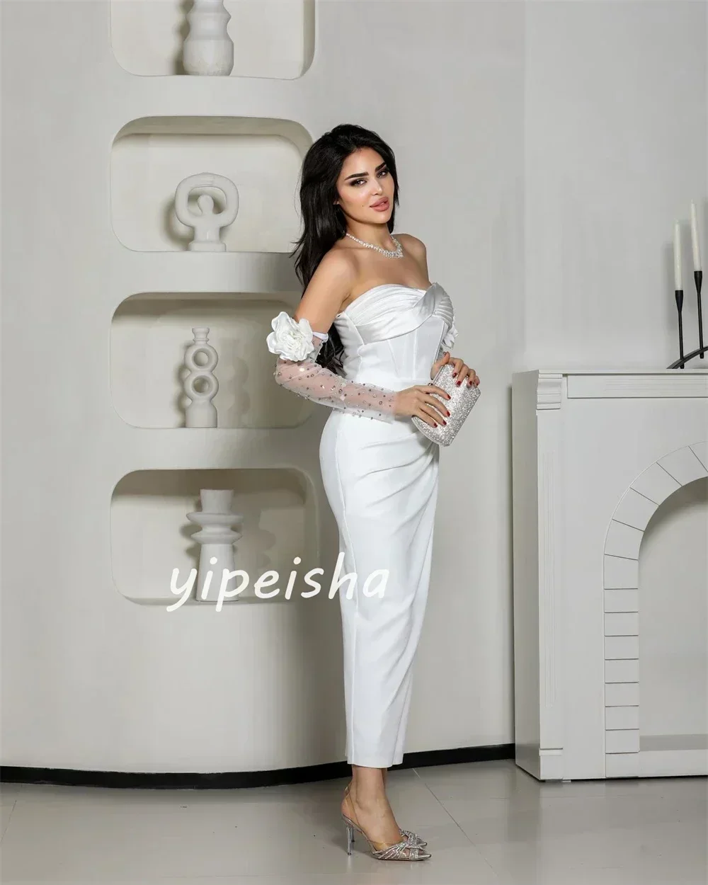 Customized Satin Rhinestone Handmade Flower Graduation Sheath Off-the-shoulder Bespoke Occasion Gown Midi Dresses