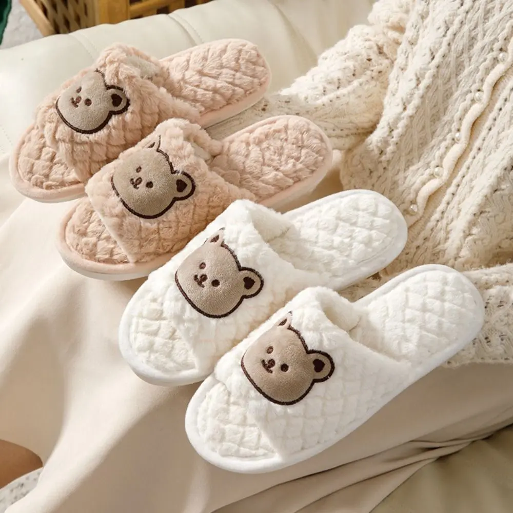 

Cute Fuzzy Plush Bear Slippers Grid Cartoon Casual Slippers Winter Non-Slip Thickening Flat Plush Shoes Indoor