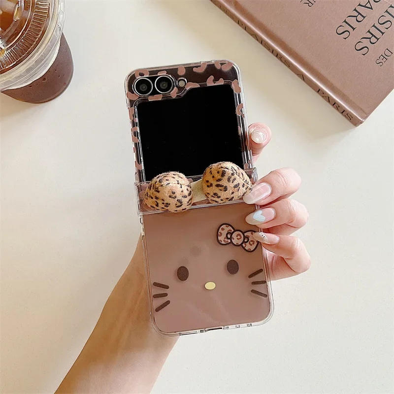 Funda de teléfono plegable con lazo 3D y estampado de leopardo de Hello Kitty para Samsung Galaxy Z Flip 7 6 5 4 3 FE con cubierta a prueba de golpes con cadena
