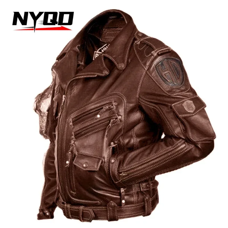 Men's Motorcycle Retro Leather Men's Multi Pocket Personalized Leather Jacket מעיל אופנוע  Chaqueta Moto Hombre Invierno