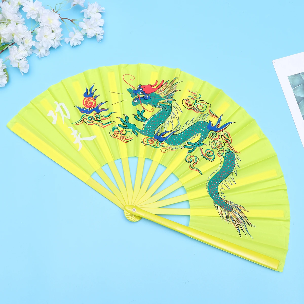 Abanico de dragón de colores danza Kung Fu chino plegable a mano estilo Tai Kungfu Taichi de mano