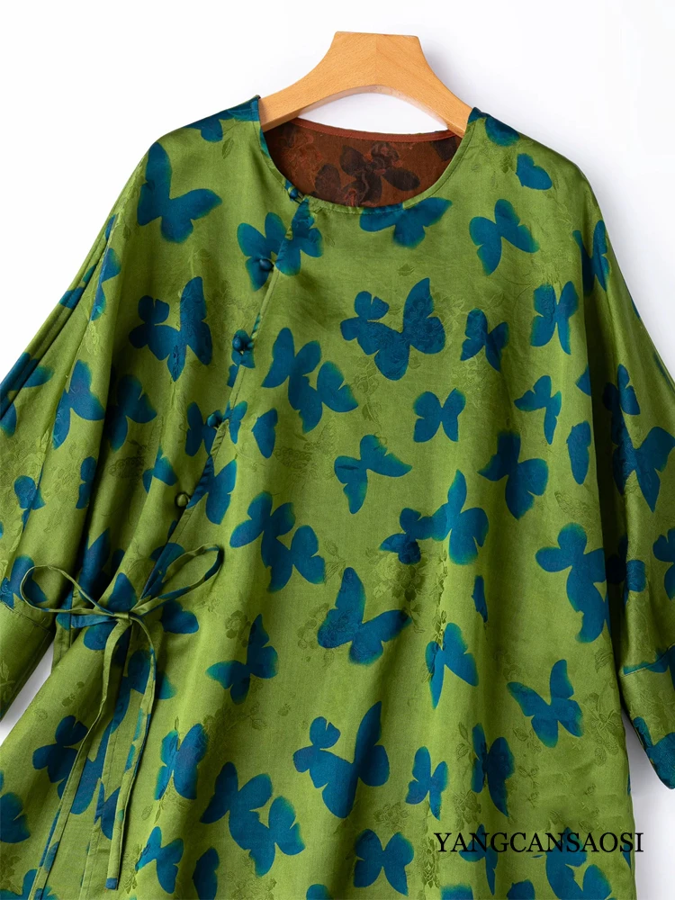Women's Autumn New Blue Butterfly Print 100% Natural Mulberry Silk Fragrant Cloud Yarn Round Neck Three-quarter Sleeve T-shirt