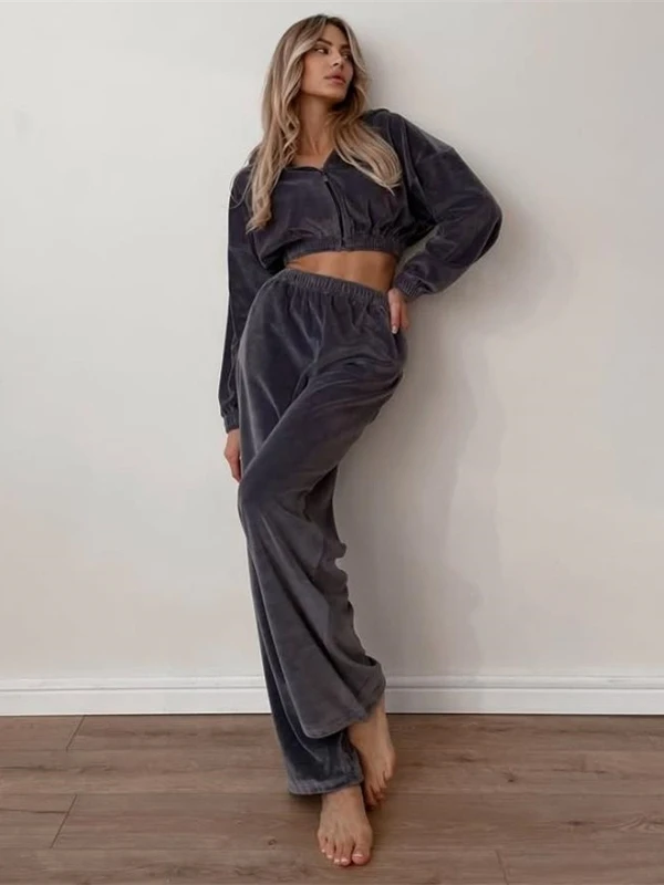 Faionable Hoodie Top Pants Set Women's Casual Sportswear Long Sve High Waist Straight Leg Zipper Loose Fit Autumn Spring