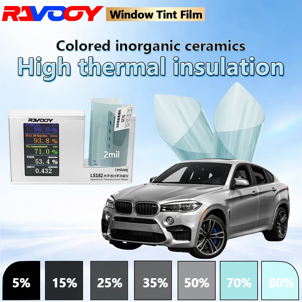 

Автомобильная тонировочная пленка RAVOOY GT70 Series из неорганической керамики, 2 мил, 71.0% VLT, 99% UV, высокая теплоизоляция, 152CMX30M