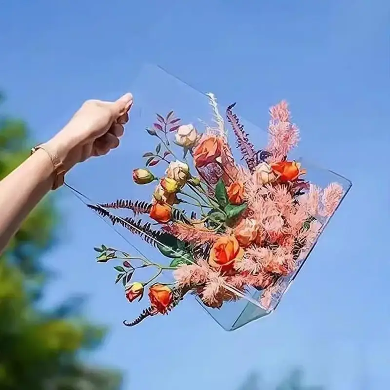 Transparent Flower Bags Acrylic Clear Portable Flower Basket Reusable Shopping Bags Creative Florist Supplies Packaging For