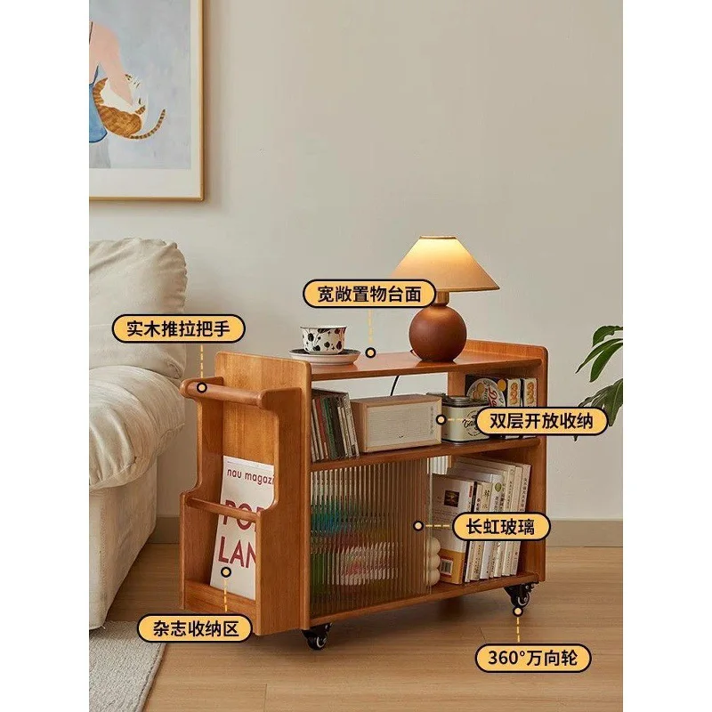 Solid wood edge table Movable coffee table Nordic sofa side cabinet Household side cabinet Snack storage trolley rack