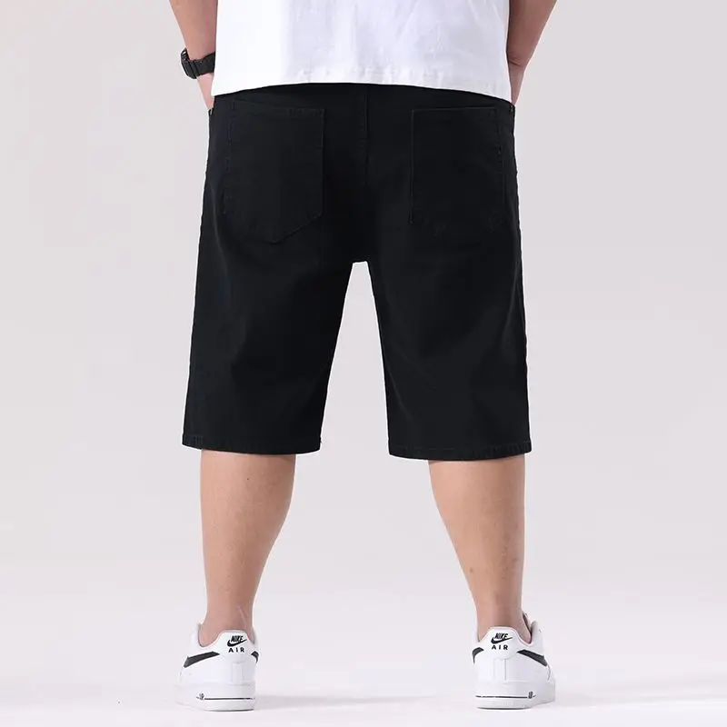 

Denim Shorts Men Plus Size 40 50 Summer Straight Casual 180KG Elastic Stretched Loose Male High Waisted Black Half Jeans