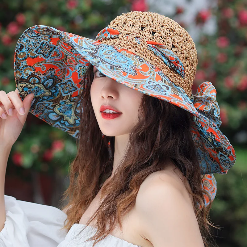 Sombrero de paja plegable con protección UV para mujer, visera para el sol, playa, 2023