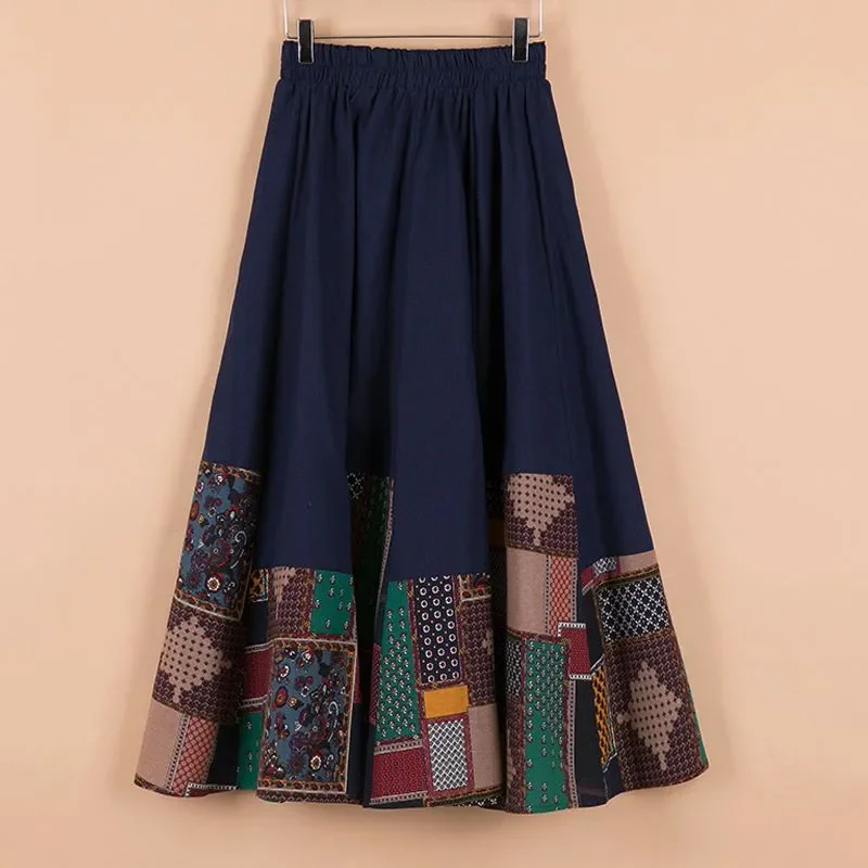 Gestikte etnische stijl dames nieuwe gesplitste katoen en linnen grote zoom retro halflange rok