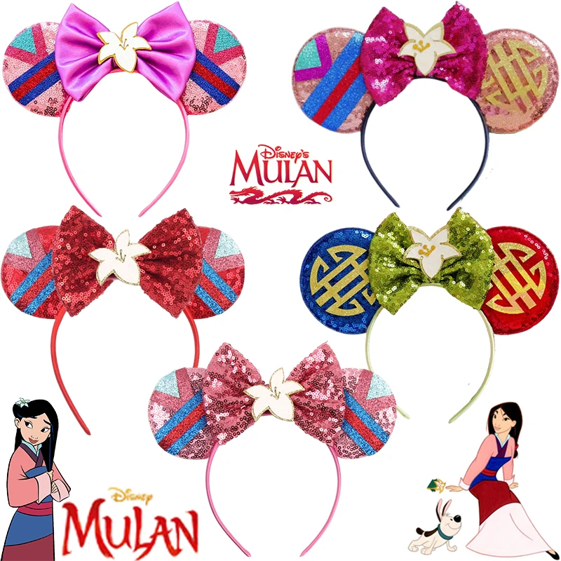 Disney Mulan Hairband Girl Cartoon Anime Clothing Ears Headband Kids Magnolia Flower Sequins Bow Hair Accessories Women Carnival