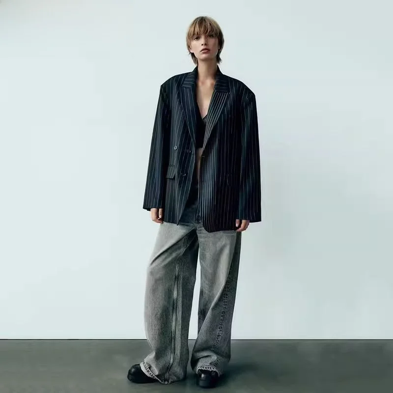 

Ele Striped Loose Fit Suit Jaet for Women Autumn 2023 Pure Polyester Fiber Long Sve Classic Collar Versatile Sle