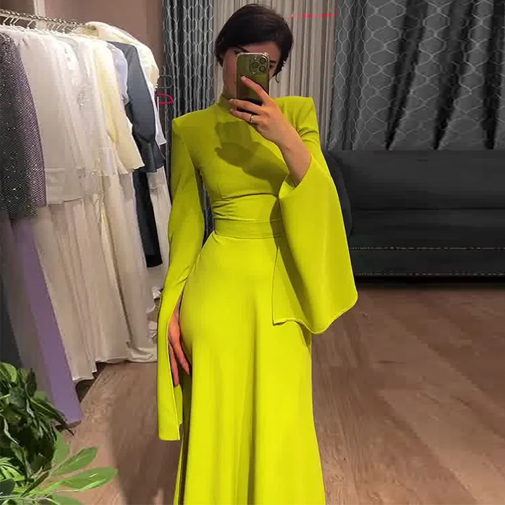 Elegant Solid Lotus Sleeve Long Half High Neck Dress for Women New Bandage Floor-Length Dress Female Party Prom Lady Vestido