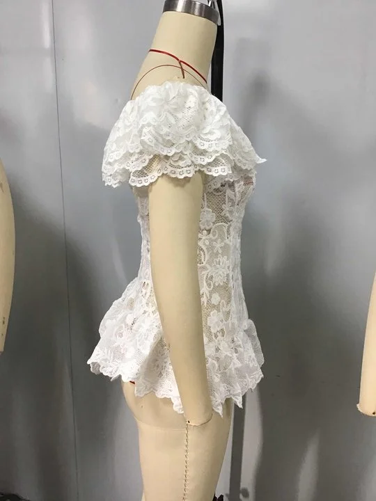 

Women Off Shoulder Corset Tops Zipper Ruffle Hem Lace Hollow Out Elegant Retro Slim Fit Tube Tops Summer Party Club Female Top