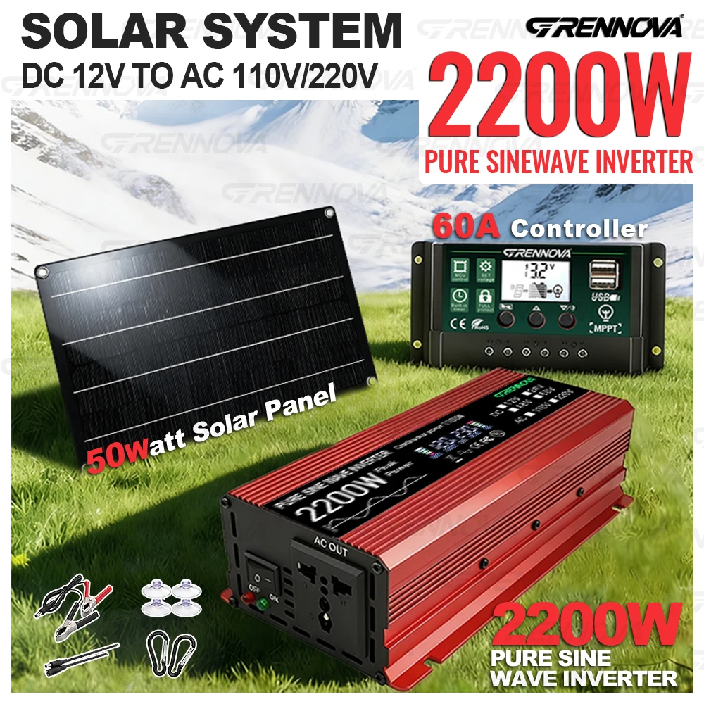 

Pure Sine Wave Solar System Kit 50W Solar Panel 60A Controller 2200W Peak Inverter 12V To 110V/220V for Home Backup RV Use