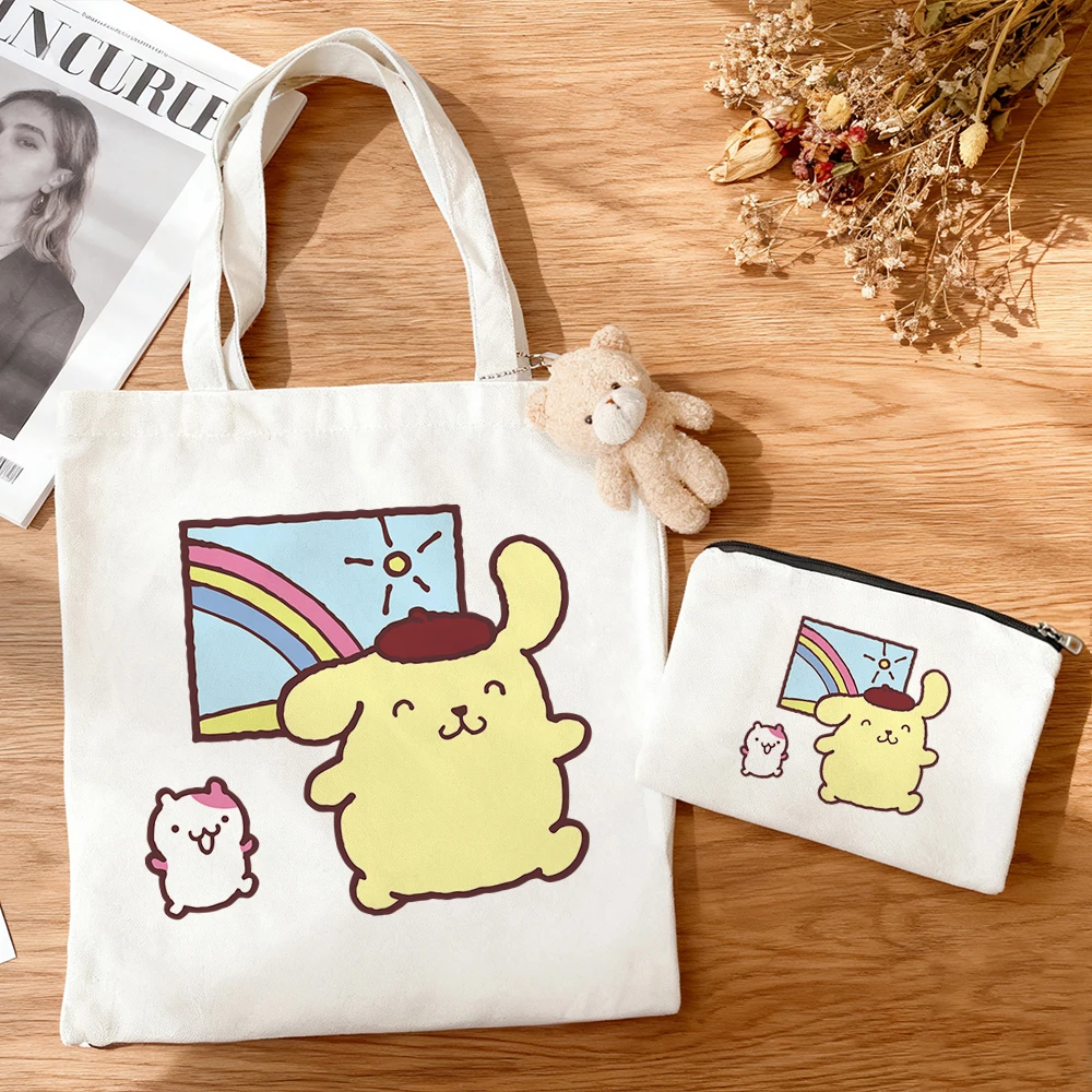 3pcs/set Large Capacity Pom Pom Purin Multi Character Canvas Tote Bag Cute Cartoon Print Anime Eco Cotton Reusable Shopping Bag view 6