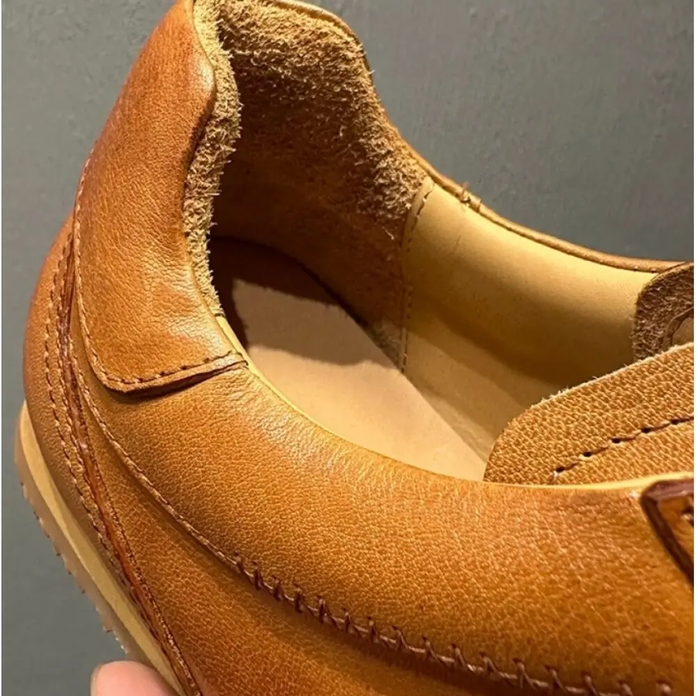 Vintage Caramel Burnished Leather Sneakers, with off-white laces and gum sole, stylish and comfortable, - view 5