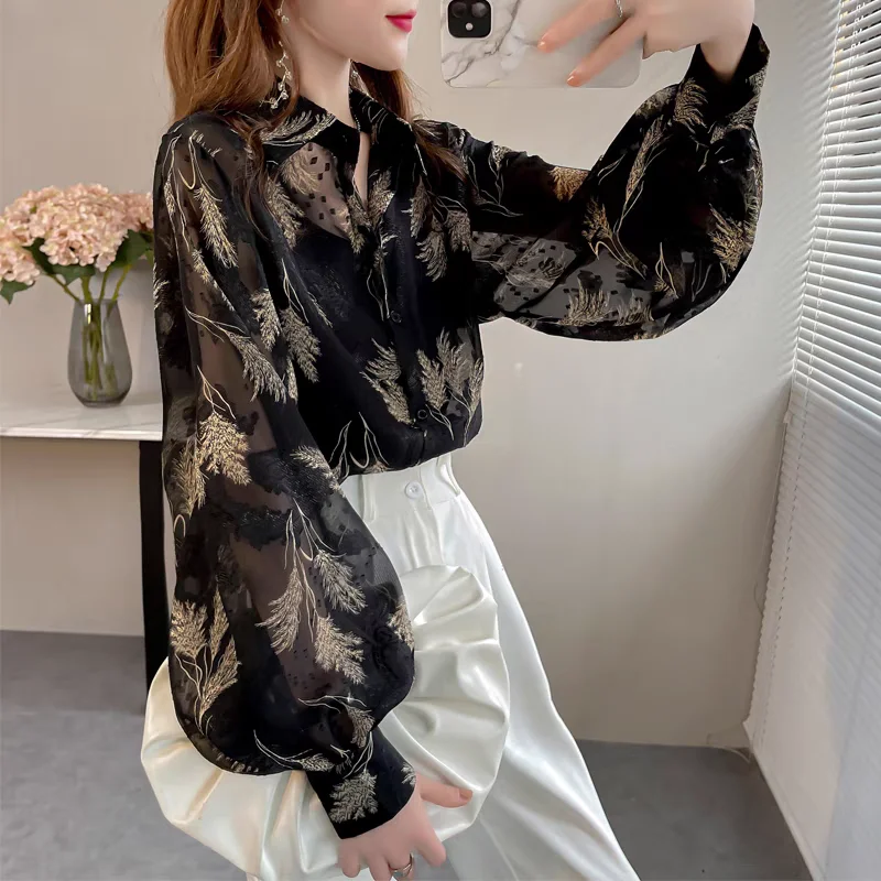 Ladies' Temperament Top Tihua Printed Shirt Loose Lantern Sleeve Flower Shirt Niche Design Chiffon Shirt