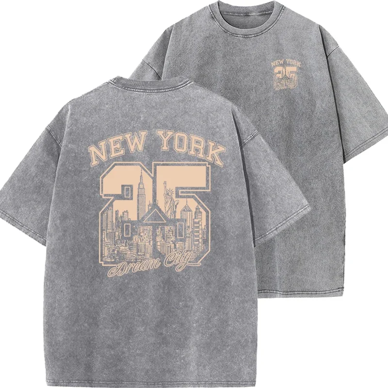 New York City Fun Printed Men's and Women's T-shirt Summer Retro Washed Cotton Breathable Casual Home T-shirt