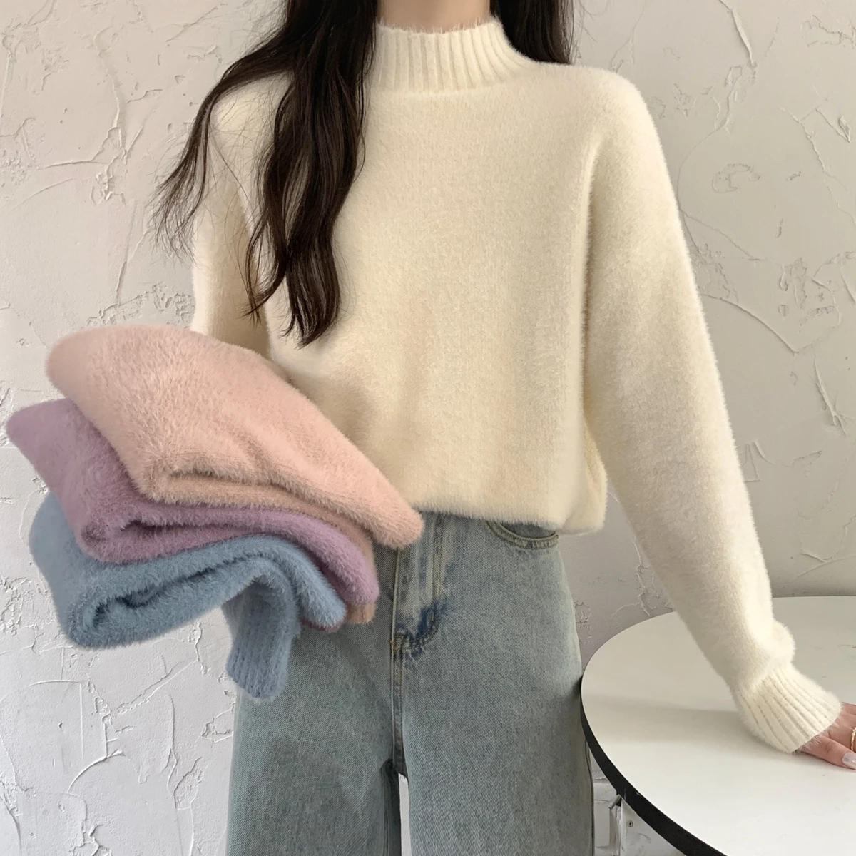 

Autumn Winter New Half High Collar Soft Sweater for Women Simple Fashion Solid Color Long Sleeve Knitwear Lazy Style Loose Tops