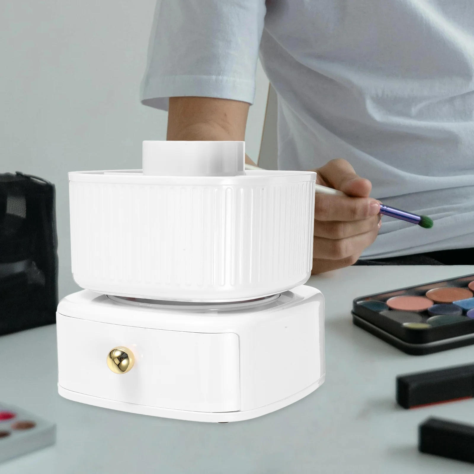 

Rotating Pen Holder with Drawer 360 Degree Desktop Organizer for Stationery Makeup Brushes Minimalist Pencil Organizer Cup