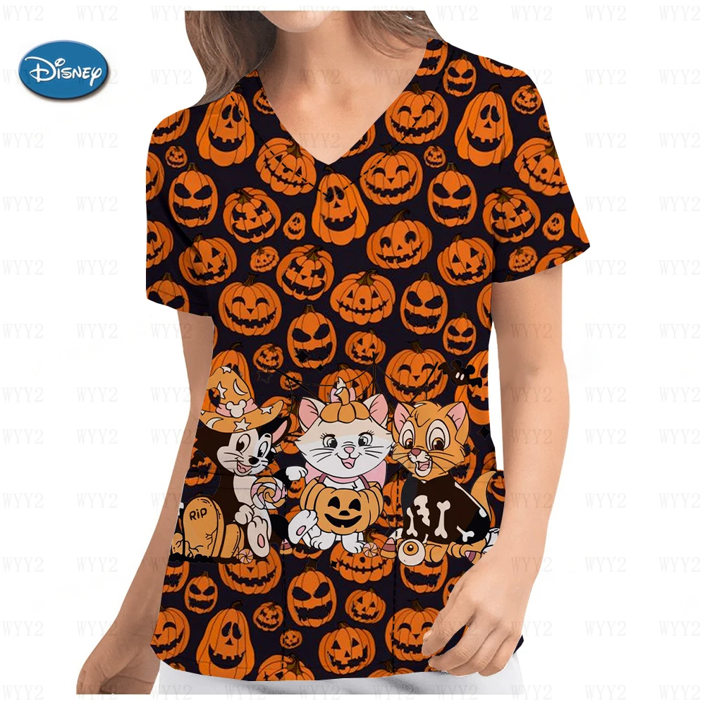 Disney Halloween Stitch Print Women's Work Uniform Shirt Short Sleeve Neck Nursing Clothing Frosted Women's Uniform Nurse Top