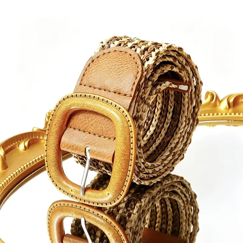 Bohemian Woven Elastic Wide Belt for Women, Vintage Elastic Braided Belt with Round and Square Buckle, Holiday Style, No Need for Punching Holes, Suitable for Dresses and Jeans, Accentuates Waistline, Multi-Color, Versatile Decorative Waist Belt for Spring and Summer