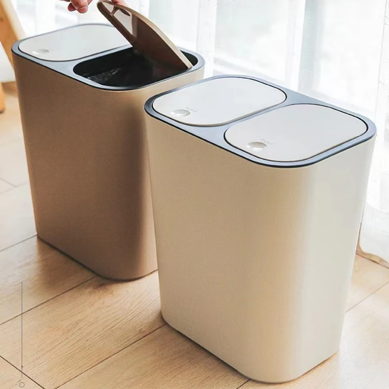 Trash Can Dual Compartment Sorting Bin Push-Button Plastic 12L Recycling Waste Collector Rectangle Garbage Can Compact