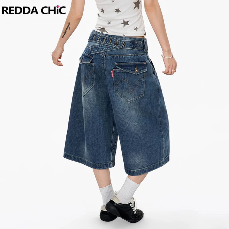 

REDDACHiC Women Cinch Back Bermuda Shorts Retro Cleanfit Do Old Straight Embroidery Baggy Cropped Jeans Versatile Summer Clothes