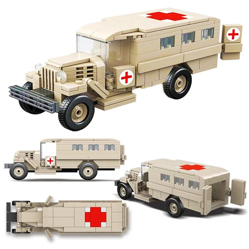 

Military Series Gaz-552 Ambulance Vehicle Building Blocks Field Hospitals Car Model Bricks WW2 Weapon Soldier Toy For Children