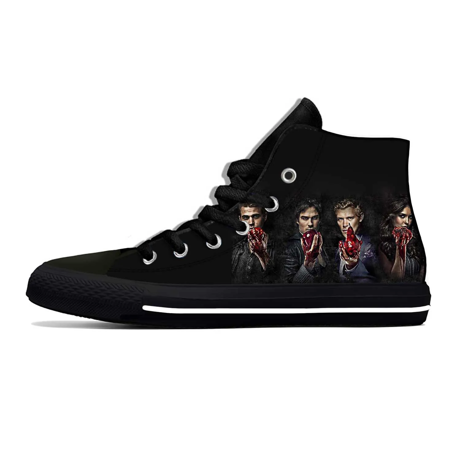 Anime Dos Desenhos Animados The Vampire Diaries Damon Salvatore Sapatos de Pano Casuais High Top Leve Respirável 3D Impressão Das Mulheres Dos Homens Sneakers